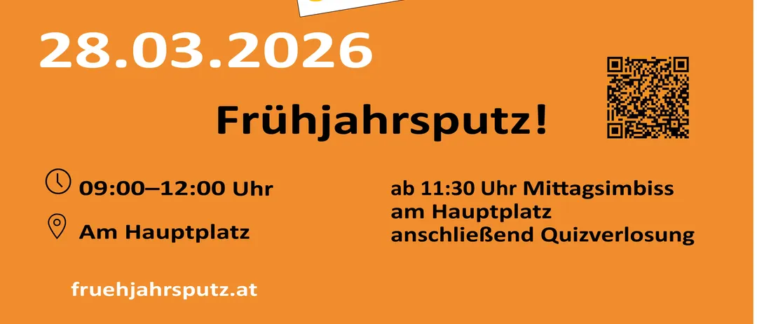 Plakat für eine Frühjahrsputzaktion in Schwadorf, Österreich. Es zeigt eine Frau, die Müll aufsammelt, mit dem Text 'Wir Halten Schwadorf Sauber!' und dem Datum 28.03.2026.