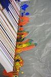 Ein Stapel Bücher steht aufrecht auf einem Boden mit farbigen Farbspritzern darum. Die Farbe ist in Orange-, Blau- und Gelbtönen.