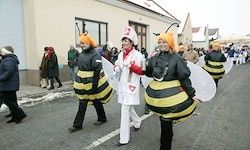 Eine Gruppe von Menschen, die als Bienen verkleidet sind, marschiert in einem Umzug, eine in einer Krankenschwesteruniform sticht hervor. Zuschauer gehen auf dem Bürgersteig.