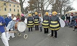 Eine Gruppe von Menschen in Bienenkostümen spielt mit Trommeln auf einer Straße während eines Umzugs. Bäume und Gebäude sind im Hintergrund.