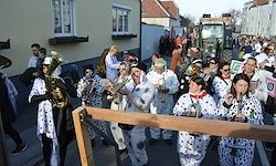 Ein Straßenumzug mit Teilnehmern in Kuhkostümen, die Musikinstrumente spielen, in einer Stadt.