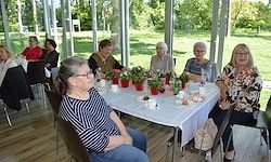 Mehrere Frauen sitzen um einen Tisch mit Pflanzen und Tassen. Sie haben wahrscheinlich eine Besprechung. Der Raum hat große Fenster und eine Rasenfläche draußen.