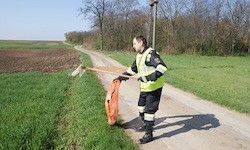 Eine Person in einer reflektierenden Weste und Handschuhen fegt mit einem Besen die Seite eines Feldwegs.
