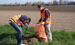Zwei Personen in Warnwesten sammeln Müll vom Boden in der Nähe eines großen Feldes, einer hält eine Netz und der andere eine orange Tasche.