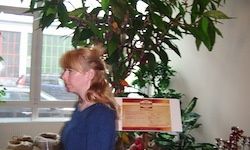 Eine Frau mit Brille steht neben einer hohen Pflanze mit einem orangefarbenen Menübrett. Die Szene ist drinnen mit Blick auf ein Fenster, das Autos zeigt.