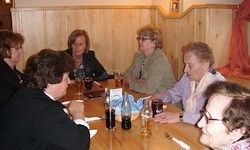 Eine Gruppe von Frauen sitzt um einen Holztisch herum und unterhält sich. Getränke und Servietten liegen vor ihnen. Eine trägt eine Brille und einen Schal. Der Raum hat Holzwände.