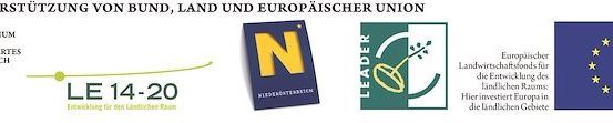 Banner mit Logos von 'Ministerium für Ein Lebenswertes Osterreich', 'LE 14-20', 'N', 'LEADER' und 'Europäische Union'. Der Text lautet 'Mit Unterstützung von Bund, Land und Europäischer Union'.'LE 14-20' konzentriert sich auf die Entwicklung für den regionalen Raum.'LEADER' steht für 'Entwicklung für ländliche Gebiete'.