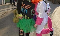 Zwei Menschen in Kostümen, einer in einem bunten Tutu und der andere in einem Einhorn-Outfit, gehen eine Straße entlang, mit Menschen im Hintergrund.
