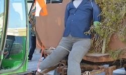 Eine Person, gekleidet in einen blauen Blazer und graue Hose, sitzt auf einem Holzwagen mit Pflanzen. Der Wagen ist an ein grünes Fahrzeug angeschlossen, und eine Person im Hintergrund hält eine orange Flagge.