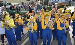 Eine Gruppe von Menschen in gelben und blauen Kostümen spielt Musikinstrumente auf der Straße, während Zuschauer am Straßenrand zusehen.