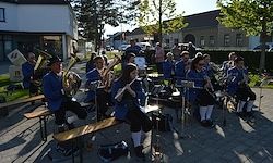 Eine Gruppe von Musikern in blauen Uniformen spielt Blechblasinstrumente im Freien, mit Gebäuden und Bäumen im Hintergrund.