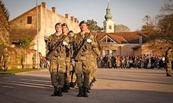 Soldaten in Militäruniformen marschieren bei einer Parade vor einer großen Menschenmenge, mit einer Kirche im Hintergrund.