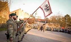 Soldaten in Militäruniformen stehen in einer Paradeformation und halten eine Flagge. Eine Menschenmenge beobachtet im Hintergrund. Gebäude und Bäume sind sichtbar.