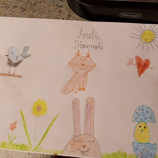 Eine Kinderzeichnung von einem Vogel, einer Katze, einem Hasen, Blumen und einer Sonne mit einem Herz und einem Pfeil. Der Name Amelie Dimorvski steht oben.