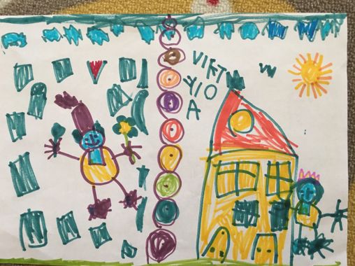 Ein Kinderbild von einem Haus, einer Figur und einer Sonne mit dem Wort 'Vietnam' im Hintergrund.