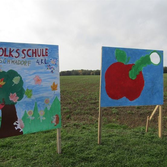 Zwei bunte Schilder sind auf einer grasigen Wiese aufgestellt. Das linke Schild zeigt einen Baum mit Blumen und Blättern, und das rechte Schild hat einen roten Apfel mit einem grünen Raupen. Der Himmel ist bewölkt.