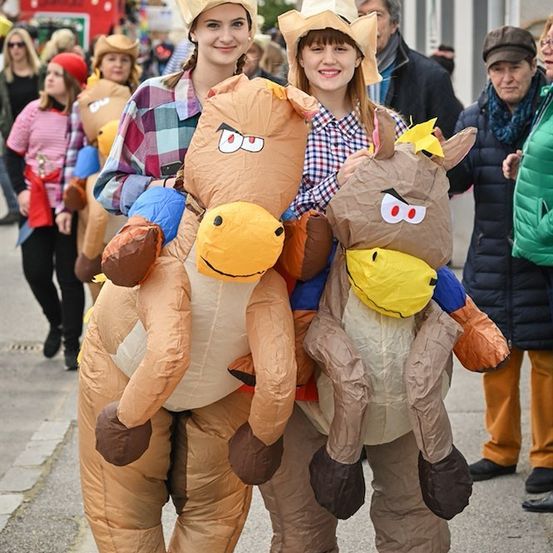 Zwei Frauen in aufblasbaren Pferdekostümen posieren für ein Foto auf der Straße während eines Festivals.