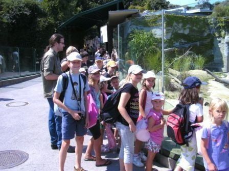 Eine Gruppe von Kindern und Erwachsenen steht vor einer Zoo-Ausstellung und beobachtet Tiere durch eine Glasbarriere. Einige tragen Hüte und haben Rucksäcke dabei.