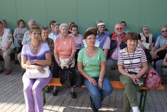Eine Gruppe älterer Erwachsener, einige mit Brillen und Halsketten, sitzen auf einer Bank vor einer grünen Wand.