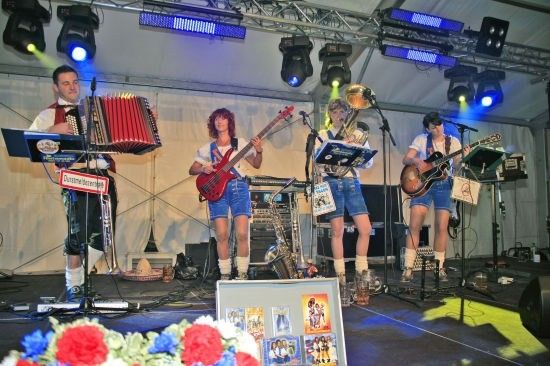 Eine Band spielt auf der Bühne mit verschiedenen Instrumenten, darunter Akkordeon, Gitarre und Tuba, unter blauen Bühnenlichtern.