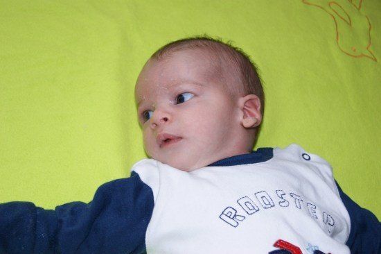 Ein Baby liegt auf einer grünen Decke und trägt ein weißes und blaues Shirt mit dem Wort 'Rooster' darauf. Das Baby hat leicht geöffneten Mund und schaut nach oben.