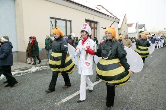 Eine Gruppe von Menschen, die als Bienen verkleidet sind, gehen während eines Winterfestes eine Straße entlang, mit Zuschauern und Gebäuden im Hintergrund.