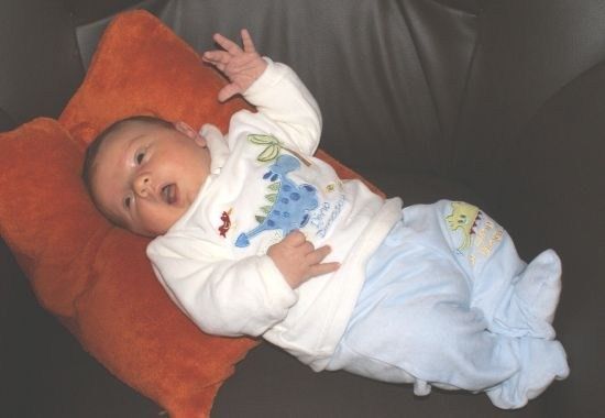 Ein Baby liegt auf einer Couch und trägt ein weißes Langarmshirt mit Dinosaurier-Aufdruck und blaue Hosen. Das Baby lächelt und schaut in die Kamera.