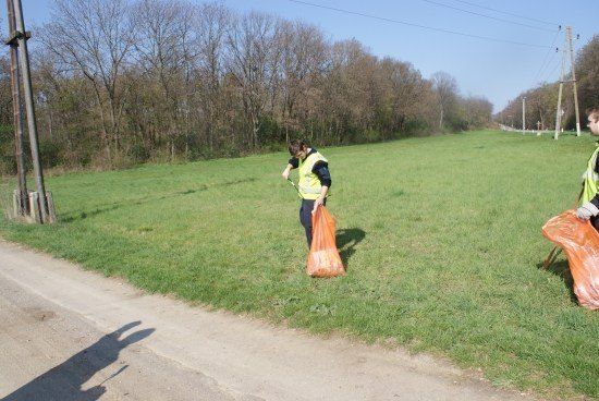 Zwei Personen in gelben Westen sammeln Müll in einem Grasfeld mit einem unbefestigten Weg und Bäumen im Hintergrund.
