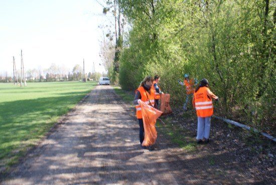 Eine Gruppe von Freiwilligen in orangefarbenen Westen sammelt Müll entlang einer unbefestigten Straße mit Grünflächen und einem weißen Van im Hintergrund.