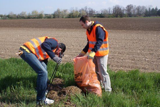 Zwei Personen in Warnwesten sammeln Müll in einem Grasbereich mit einem gepflügten Feld im Hintergrund.