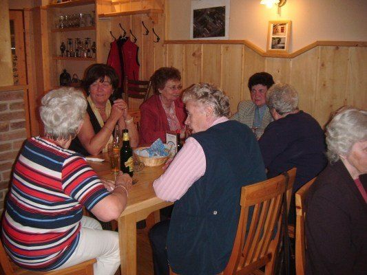 Eine Gruppe älterer Frauen sitzt um einen Holztisch in einem gemütlichen, rustikalen Essbereich und unterhält sich bei einem Drink.