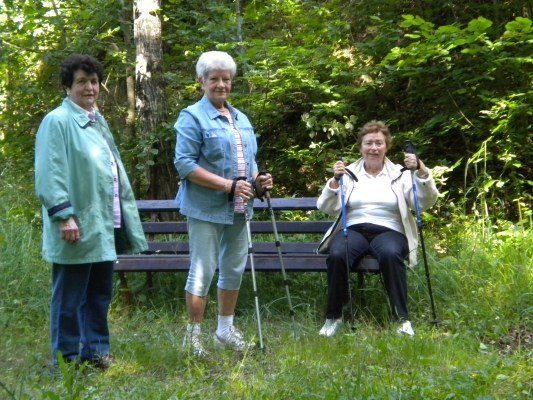 Drei ältere Frauen, gekleidet in lässige Outdoor-Kleidung, stehen und sitzen auf einer Holzbank in einem üppigen, grünen Wald. Sie halten alle Wanderstöcke in den Händen.