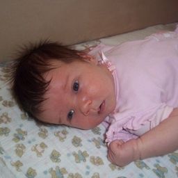 Ein Babymädchen liegt auf einem Bett mit einem rosa Deckchen und Bären darauf, trägt ein rosa Kleid mit Rüschen.
