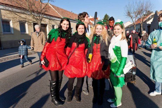 Fünf Menschen in Kostümen, drei in roten Erdbeerkostümen und zwei in grünen Kostümen, stehen auf einer Straße mit Gebäuden und Bäumen im Hintergrund.