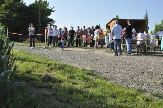 Eine Gruppe von Menschen versammelt sich im Freien, einige stehen in der Nähe eines Tisches mit Essen, andere sitzen an Picknicktischen. Ein Kind läuft auf die Tische zu. Bäume und ein Gebäude sind im Hintergrund.