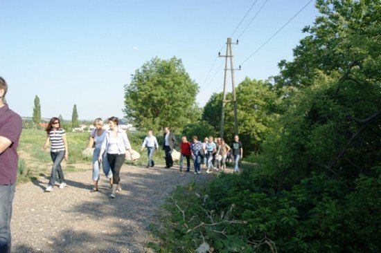 Eine Gruppe von Menschen, die auf einem Kiesweg umgeben von Grün und einem Strommast in der Ferne geht.