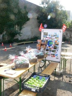 Ein Tisch mit mehreren verpackten Gegenständen und einer Kiste grüner Äpfel, im Freien aufgestellt mit einer Kulisse aus einer Wand und Grünpflanzen.