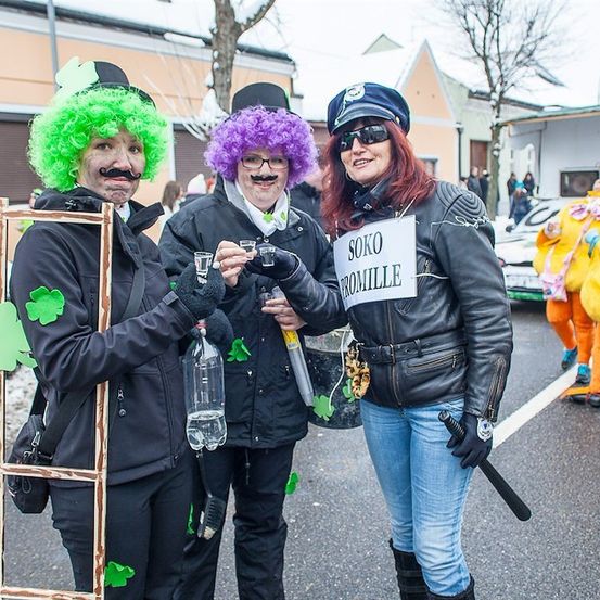 Drei Menschen in Kostümen, einer mit grüner Perücke und Kleeblättern, ein anderer mit lila Perücke und einem Schild mit der Aufschrift 'SOKO ROMILLE', und der dritte mit einer Leiter und einer Flasche, stehen auf einer Straße.