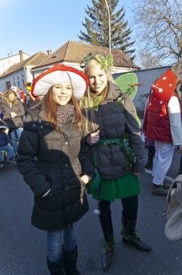 Zwei Frauen in Kostümen, eine mit einem Pilzhut, stehen auf einer Straße während einer Parade mit einer Menschenmenge im Hintergrund.