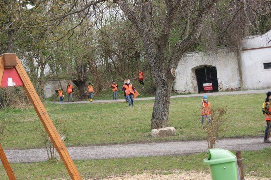 Eine Gruppe von Menschen in orangefarbenen Westen geht auf einem Pfad in einem Park. Bäume und ein Gebäude sind im Hintergrund zu sehen.
