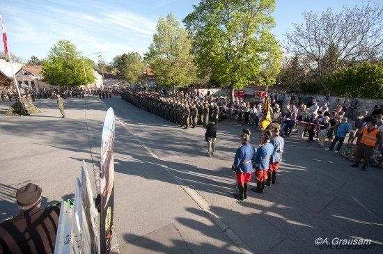Eine Militärparade findet an einem sonnigen Tag statt, mit einer großen Menschenmenge, die von den Seiten zusieht. Die Soldaten marschieren in Formation, und einige tragen Fahnen. Die Straße ist von Bäumen und Gebäuden gesäumt.