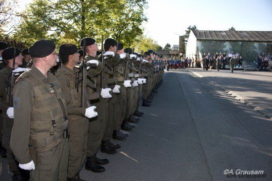 Eine Reihe von Soldaten in Uniform steht auf einer Straße, mit einer Menschenmenge im Hintergrund.