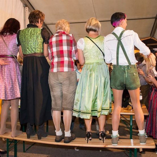 Fünf Personen stehen auf einer Holzbank und tragen traditionelle Kleidung. Der Mann rechts hat rosa Haare. Sie befinden sich wahrscheinlich auf einem Festival.