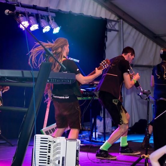 Eine Band spielt auf der Bühne mit verschiedenen Instrumenten, darunter Gitarre, Akkordeon und Keyboard. Der Leadsänger spielt Gitarre, während ein anderes Bandmitglied Trompete spielt. Die Bühne ist mit lila und blauen Lichtern beleuchtet.