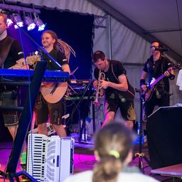 Eine Band spielt auf der Bühne mit einem Trompeter, Gitarristen und einem Akkordeonspieler unter Bühnenlichtern.