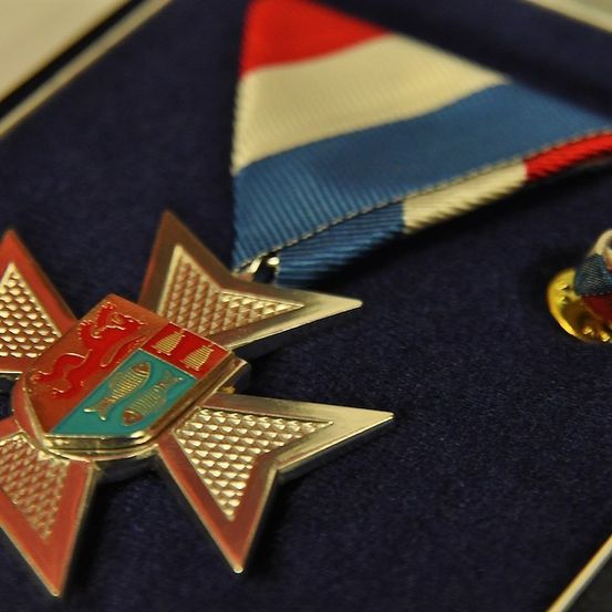 Eine goldene Sternmedaille mit einem roten und blauen Band auf einem blauen Samtuntergrund.