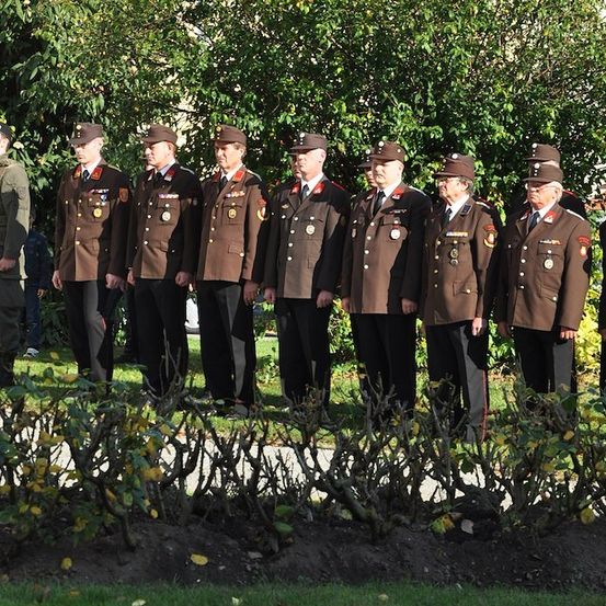 Eine Gruppe von Militäroffizieren in braunen Uniformen steht in einer Reihe, möglicherweise bei einer formellen Veranstaltung.
