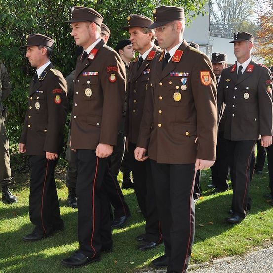 Eine Gruppe von Militäroffizieren in braunen Uniformen steht in Formation auf einem Rasen, mit Bäumen und einem Gebäude im Hintergrund.