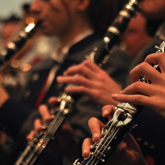 Eine Gruppe von Musikern spielt Klarinetten, wobei ihre Finger auf den Tasten positioniert sind. Die Szene ist schwach beleuchtet.