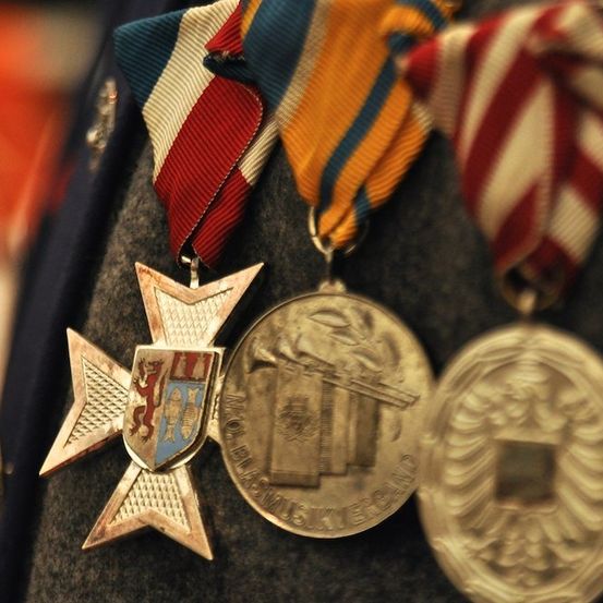 Drei Militärmedaillen mit Bändern an einer Uniform, mit einem Stern, einem Gebäude und einem Löwenwappen.